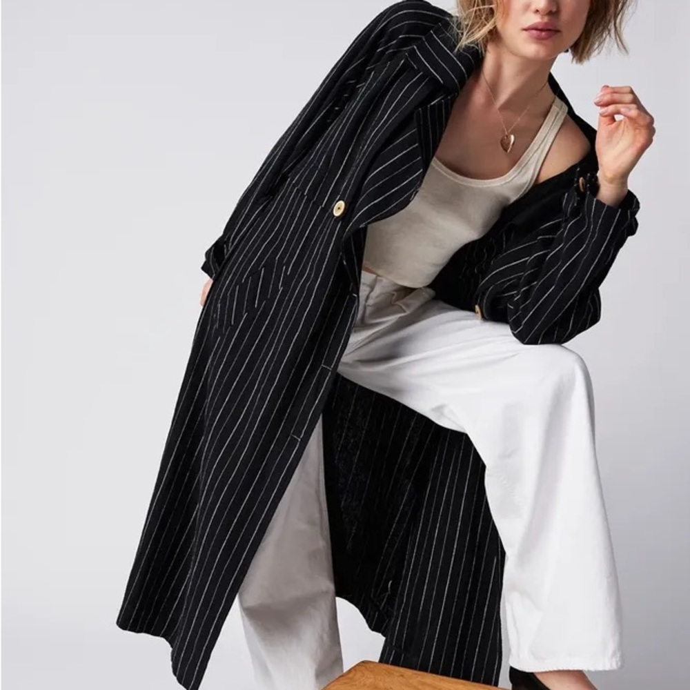 New free people Melia Mac Coat long sleeve linen blend plaid boho blue striped